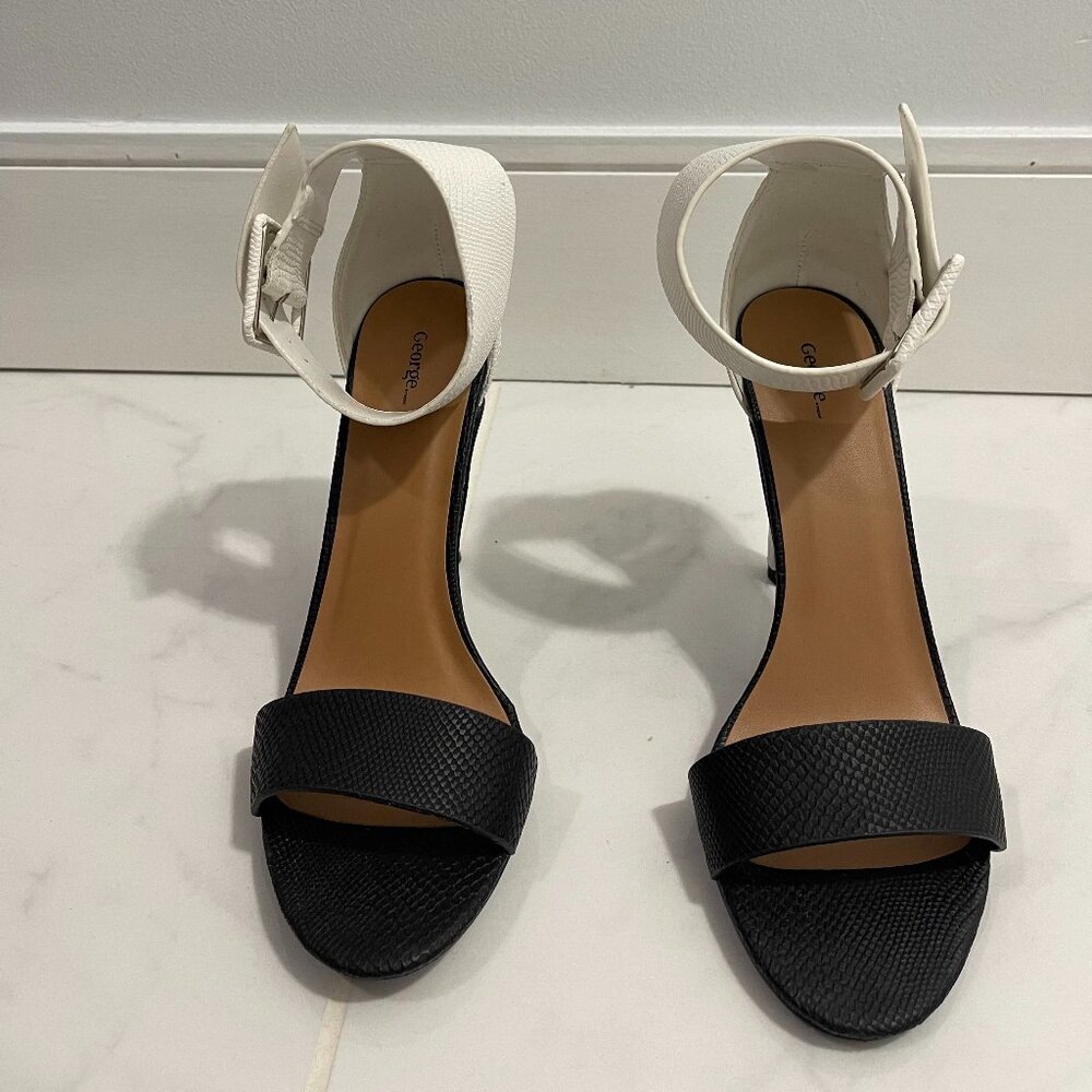 White and Black Belt Buckle Ankle Strap Heels